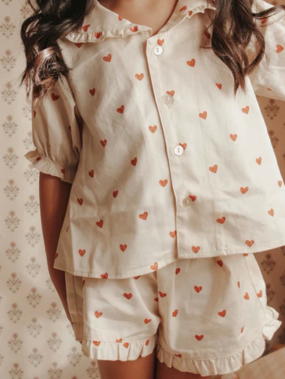 Rylee + Cru Cream Pajama Set with Orange Heart Print